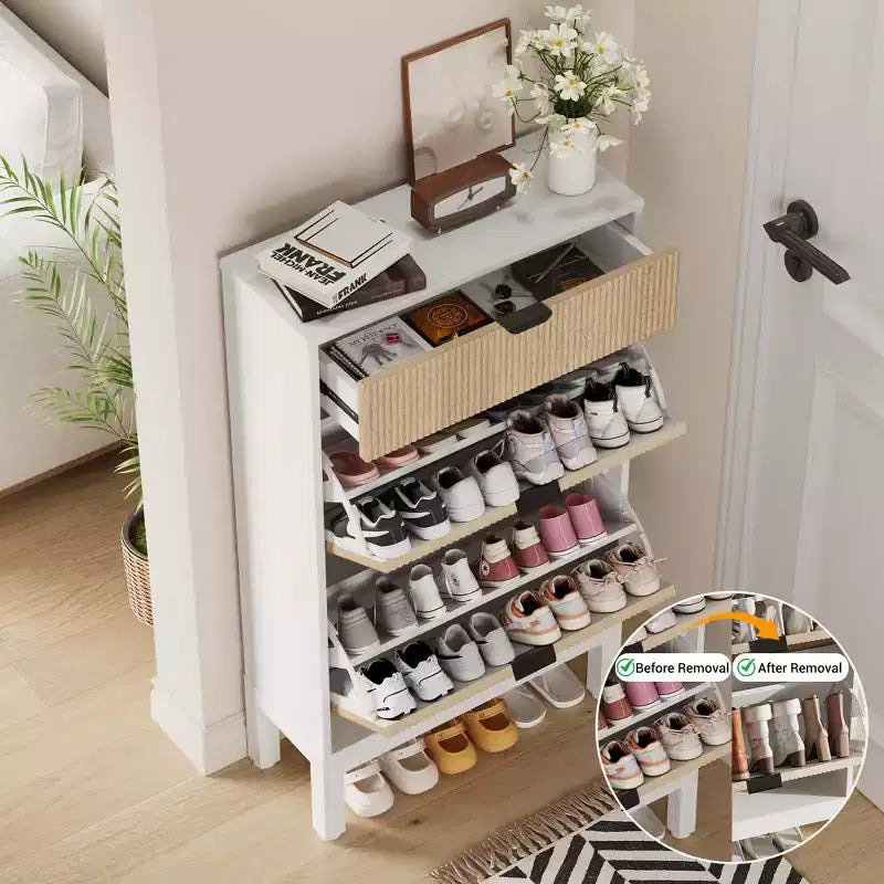 2 tiroirs abattants, meuble à chaussures fin et étroit, sur pied, pour l'entrée, armoire à chaussures de rangement