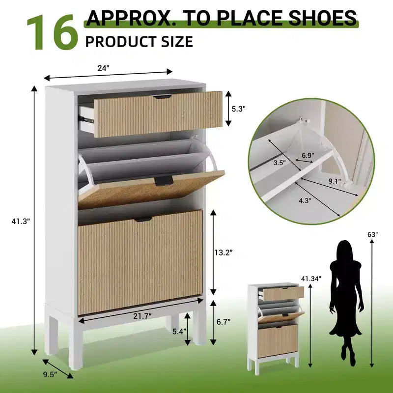 2 tiroirs abattants, meuble à chaussures fin et étroit, sur pied, pour l'entrée, armoire à chaussures de rangement
