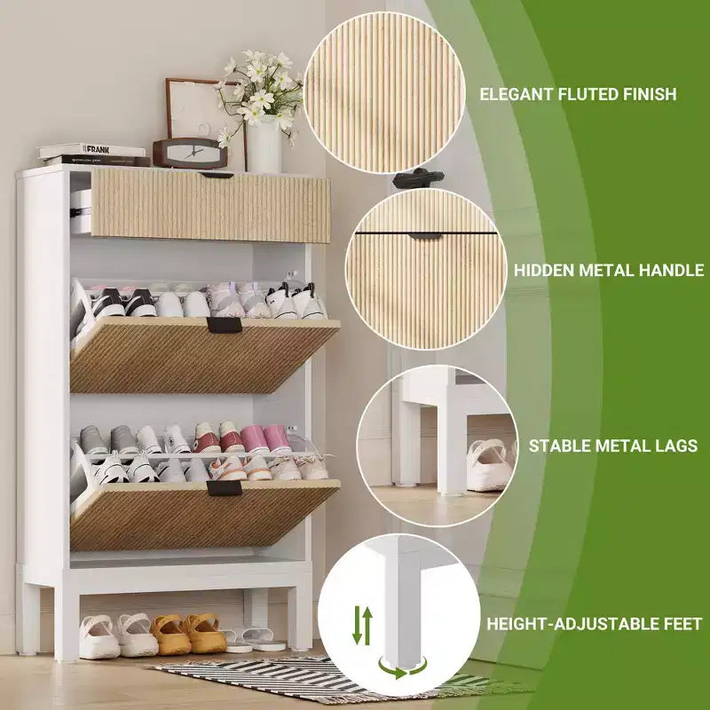 2 tiroirs abattants, meuble à chaussures fin et étroit, sur pied, pour l'entrée, armoire à chaussures de rangement