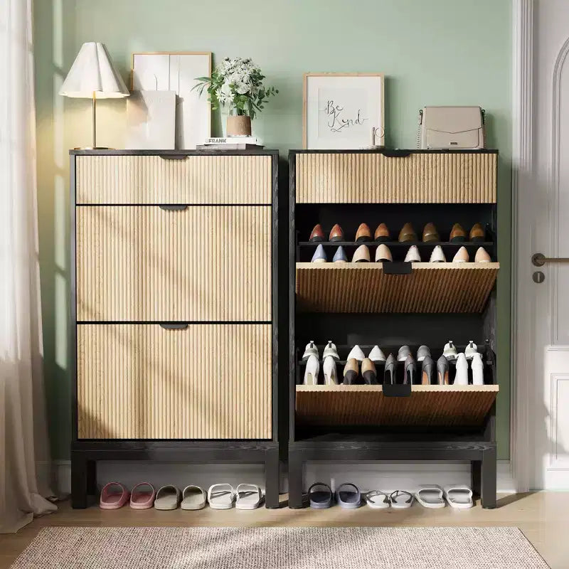 2 tiroirs abattants, meuble à chaussures fin et étroit, sur pied, pour l'entrée, armoire à chaussures de rangement