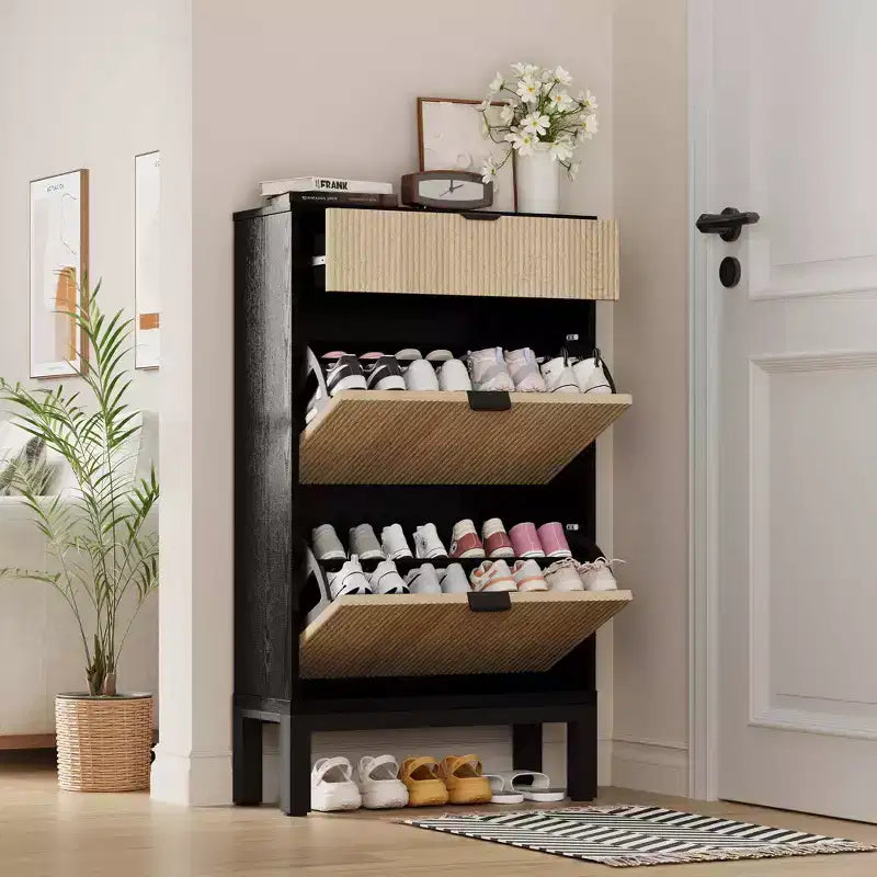2 tiroirs abattants, meuble à chaussures fin et étroit, sur pied, pour l'entrée, armoire à chaussures de rangement