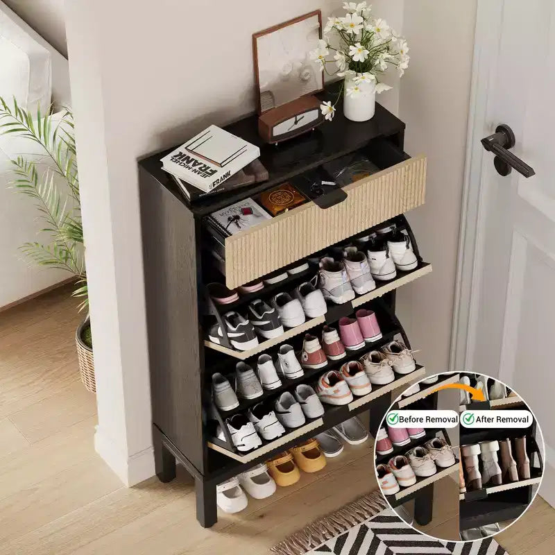 2 tiroirs abattants, meuble à chaussures fin et étroit, sur pied, pour l'entrée, armoire à chaussures de rangement