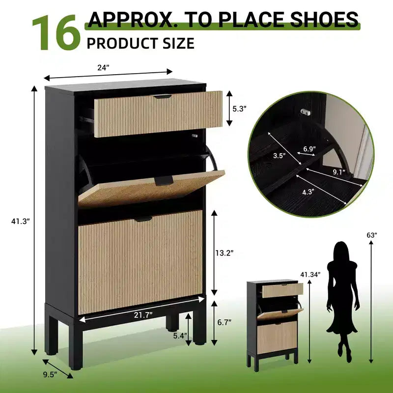 2 tiroirs abattants, meuble à chaussures fin et étroit, sur pied, pour l'entrée, armoire à chaussures de rangement