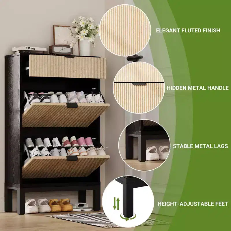 2 tiroirs abattants, meuble à chaussures fin et étroit, sur pied, pour l'entrée, armoire à chaussures de rangement