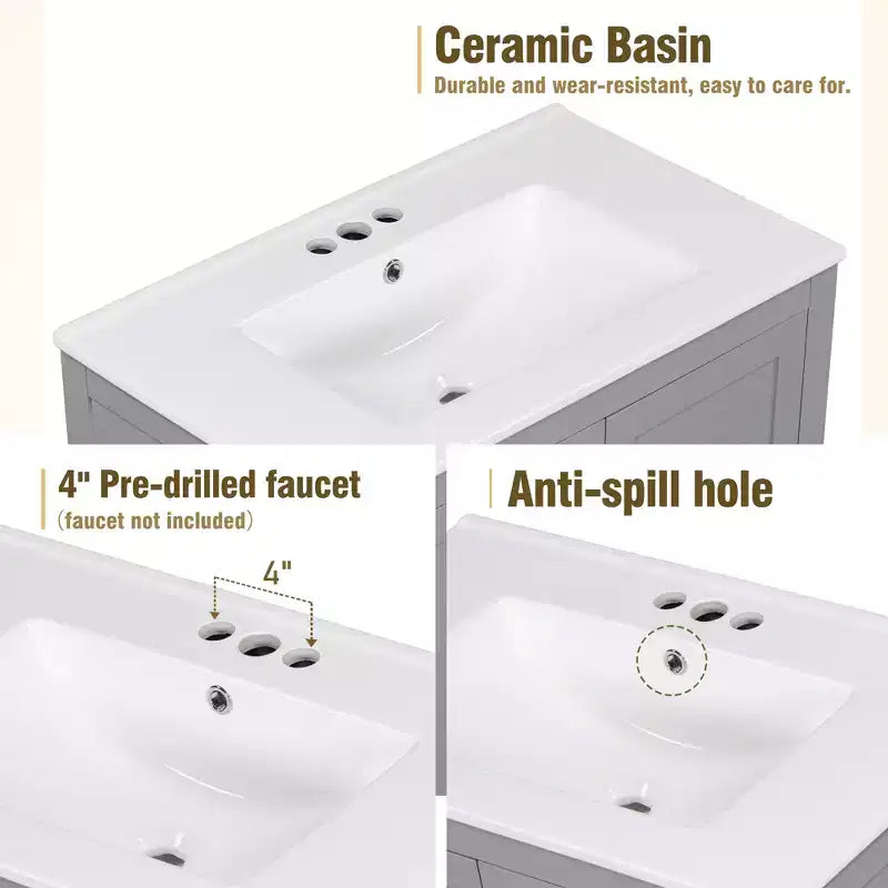 Meuble-lavabo de salle de bain de 76 cm avec lavabo simple, meuble sous-vasque combiné avec lavabo sous plan, meuble de rangement de salle de bain avec 2 portes et 1 tiroir, fermeture en douceur