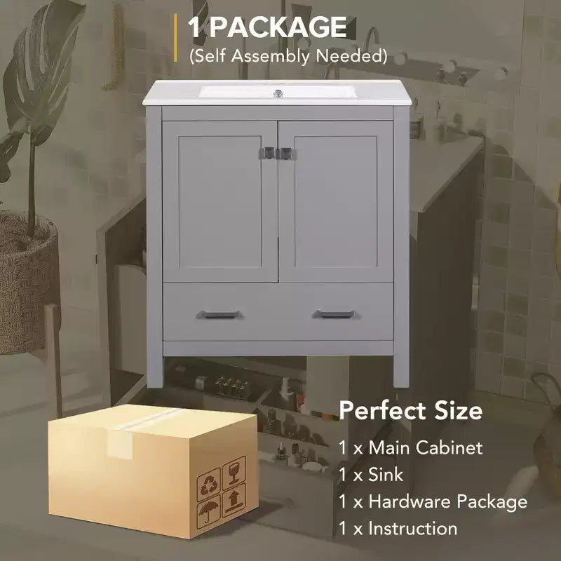Meuble-lavabo de salle de bain de 76 cm avec lavabo simple, meuble sous-vasque combiné avec lavabo sous plan, meuble de rangement de salle de bain avec 2 portes et 1 tiroir, fermeture en douceur