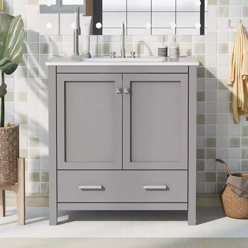 Meuble-lavabo de salle de bain de 76 cm avec lavabo simple, meuble sous-vasque combiné avec lavabo sous plan, meuble de rangement de salle de bain avec 2 portes et 1 tiroir, fermeture en douceur