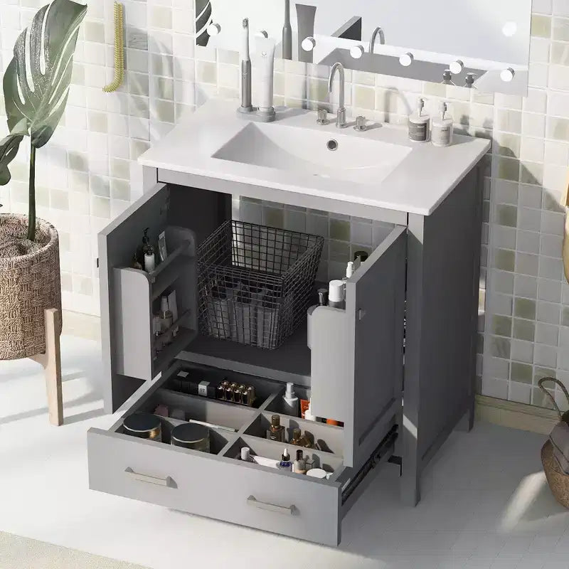 Meuble-lavabo de salle de bain de 76 cm avec lavabo simple, meuble sous-vasque combiné avec lavabo sous plan, meuble de rangement de salle de bain avec 2 portes et 1 tiroir, fermeture en douceur