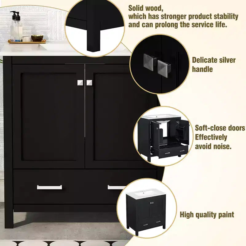 Meuble-lavabo de salle de bain de 76 cm avec lavabo simple, meuble sous-vasque combiné avec lavabo sous plan, meuble de rangement de salle de bain avec 2 portes et 1 tiroir, fermeture en douceur