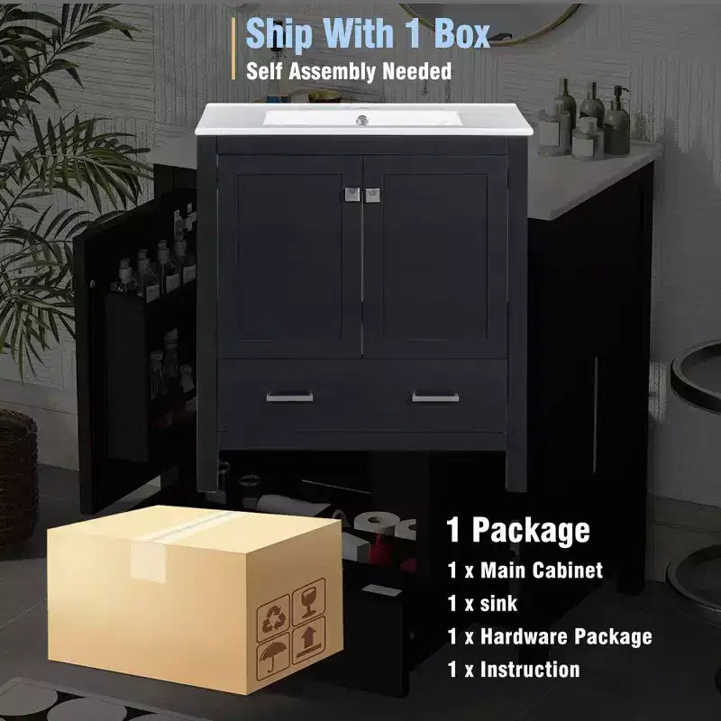 Meuble-lavabo de salle de bain de 76 cm avec lavabo simple, meuble sous-vasque combiné avec lavabo sous plan, meuble de rangement de salle de bain avec 2 portes et 1 tiroir, fermeture en douceur