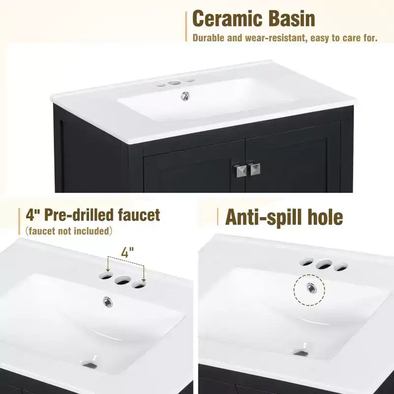 Meuble-lavabo de salle de bain de 76 cm avec lavabo simple, meuble sous-vasque combiné avec lavabo sous plan, meuble de rangement de salle de bain avec 2 portes et 1 tiroir, fermeture en douceur