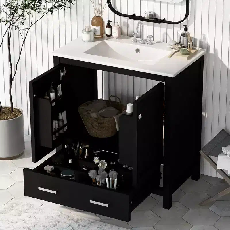 Meuble-lavabo de salle de bain de 76 cm avec lavabo simple, meuble sous-vasque combiné avec lavabo sous plan, meuble de rangement de salle de bain avec 2 portes et 1 tiroir, fermeture en douceur