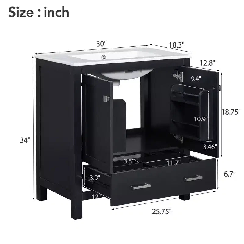 Meuble-lavabo de salle de bain de 76 cm avec lavabo simple, meuble sous-vasque combiné avec lavabo sous plan, meuble de rangement de salle de bain avec 2 portes et 1 tiroir, fermeture en douceur