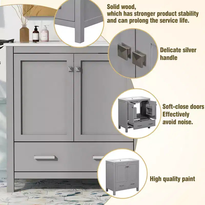 Meuble-lavabo de salle de bain de 76 cm avec lavabo simple, meuble sous-vasque combiné avec lavabo sous plan, meuble de rangement de salle de bain avec 2 portes et 1 tiroir, fermeture en douceur