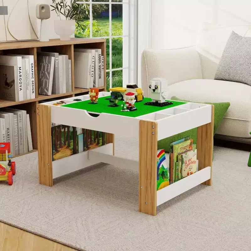 Table de jeu 2-en-1 Whisen Kids avec 7 compartiments de rangement, compatible avec les briques de construction LEGO - Blanc et Vert