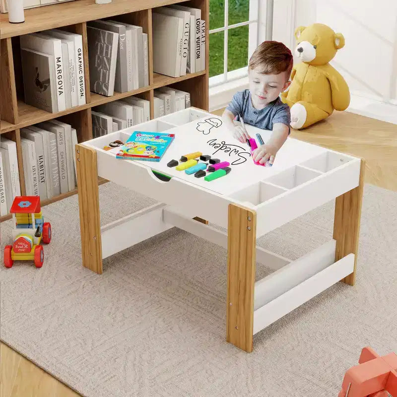Table de jeu 2-en-1 Whisen Kids avec 7 compartiments de rangement, compatible avec les briques de construction LEGO - Blanc et Vert