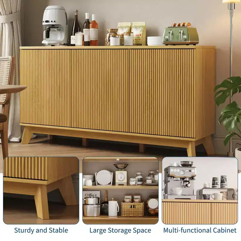 Bahut de salle à manger 58 po avec 3 portes, table console incurvée de style rustique et armoire de rangement pour bar à café.