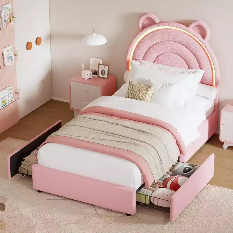 Princess double bed frame with 4 storage drawers and light, velvet upholstered platform bed, rainbow headboard, suitable for children, gray