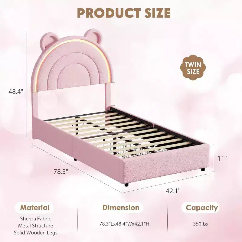 Cadre de lit double Princesse avec 4 tiroirs de rangement et lumière, lit plateforme en velours, tête de lit arc-en-ciel, adapté aux enfants, gris