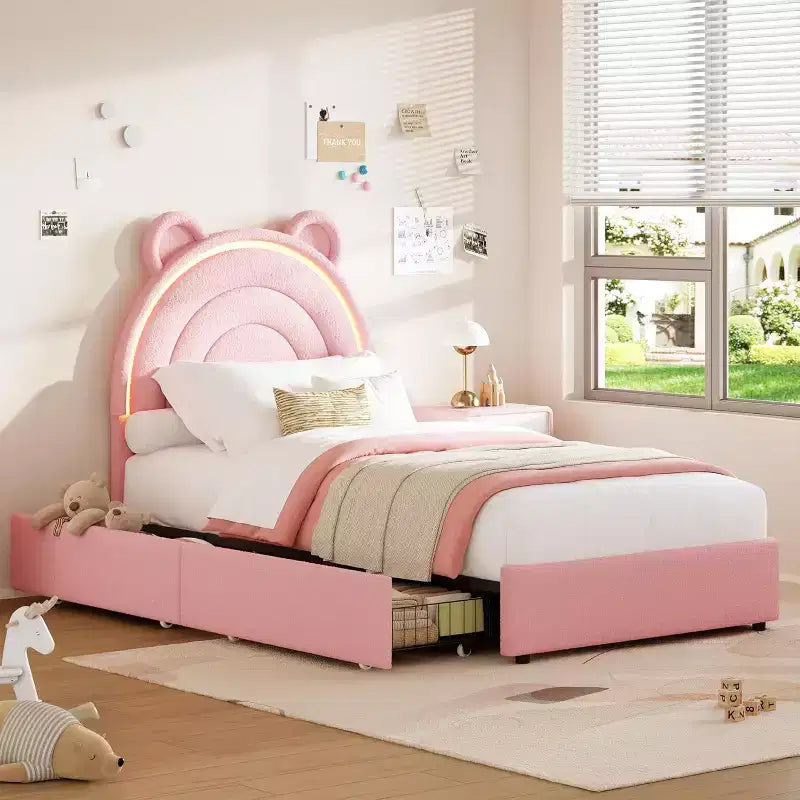 Cadre de lit double Princesse avec 4 tiroirs de rangement et lumière, lit plateforme en velours, tête de lit arc-en-ciel, adapté aux enfants, gris