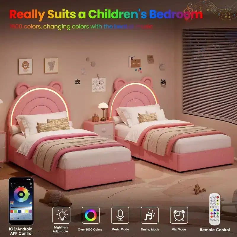 Cadre de lit double Princesse avec 4 tiroirs de rangement et lumière, lit plateforme en velours, tête de lit arc-en-ciel, adapté aux enfants, gris