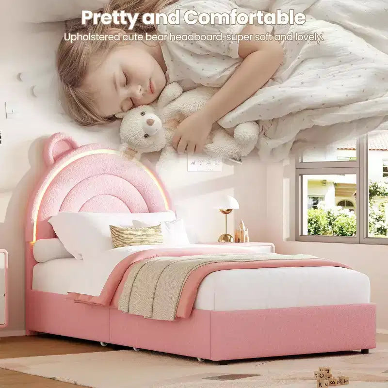 Cadre de lit double Princesse avec 4 tiroirs de rangement et lumière, lit plateforme en velours, tête de lit arc-en-ciel, adapté aux enfants, gris