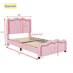 Twin/Full Upholstered Platform Bed with Curve Shaped and Height-adjustbale Headboard, PU Platform Bedframe with LED Light Strip