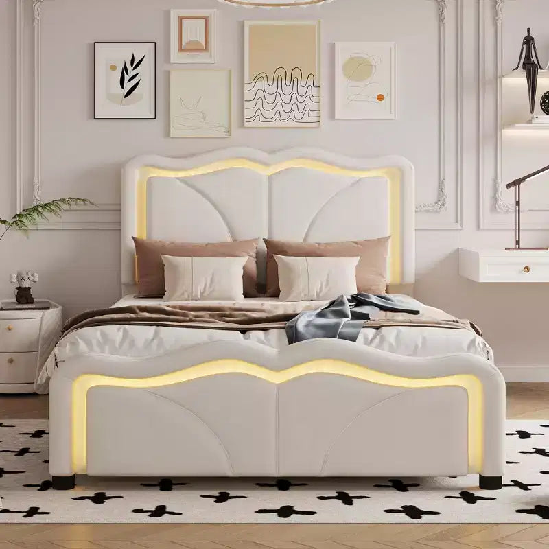 Lit double/grand rembourré avec tête de lit incurvée et réglable en hauteur, cadre de lit en PU avec bande lumineuse LED