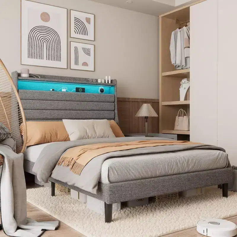 Cadre de lit double, tête de lit avec rangement, station de recharge et lumières LED, tête de lit rembourrée, aucun sommier tapissier requis, montage facile, beige