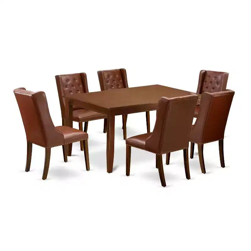 HomeStock 7-Piece Mahogany Finish Solid Wood Top Dining Table with 6 Parson Chairs