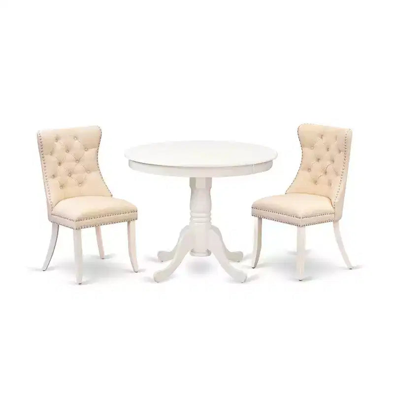 3-Piece Linen White Finish Solid Wood Top - Round Dining Room Set - (Seats-4)