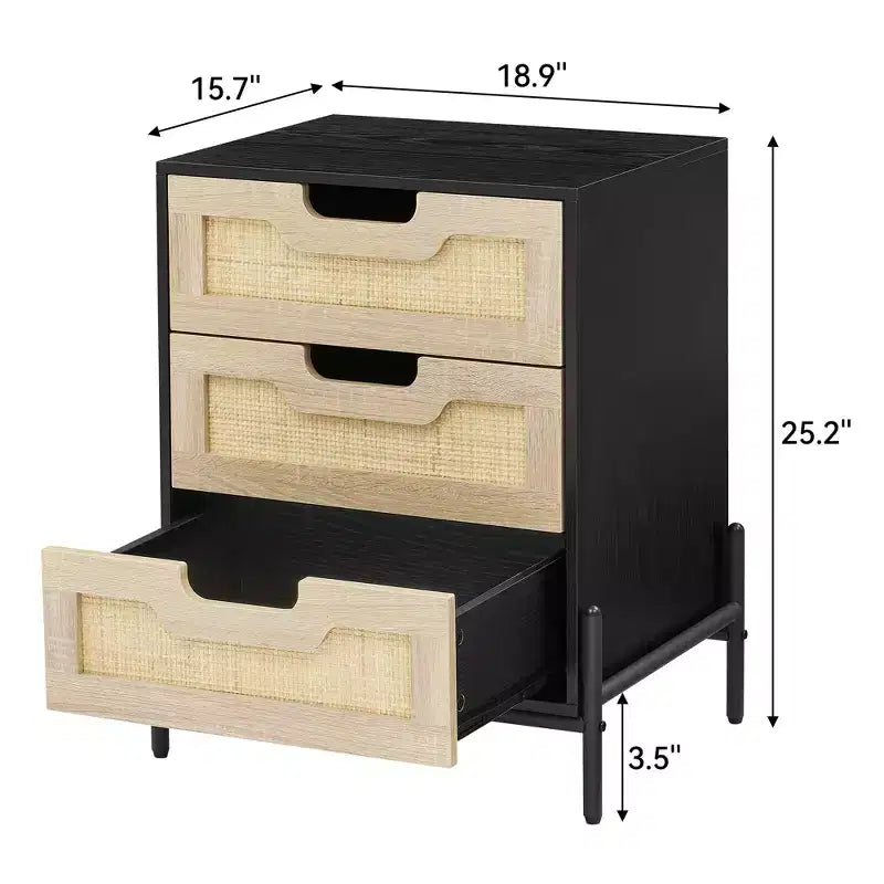 Table de chevet en rotin avec 3 tiroirs, table de chevet compacte, table d'appoint rustique en bois avec rangement, pieds en métal, pour chambre à coucher, salon, montage facile
