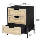 Table de chevet en rotin avec 3 tiroirs, table de chevet compacte, table d'appoint rustique en bois avec rangement, pieds en métal, pour chambre à coucher, salon, montage facile
