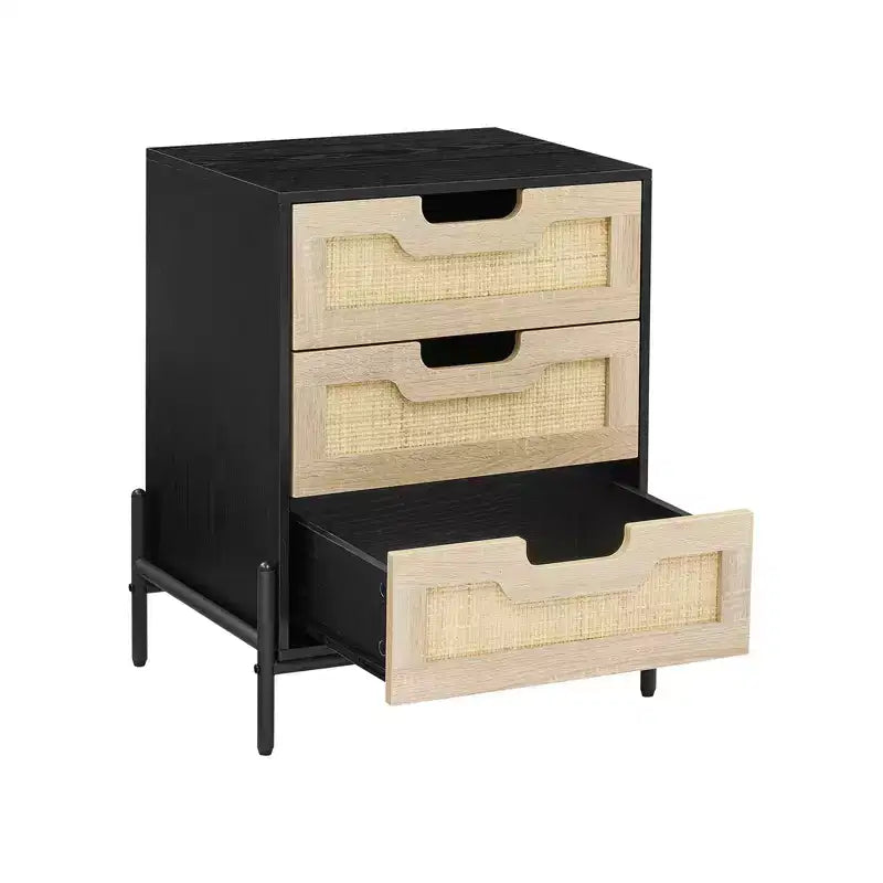 Table de chevet en rotin avec 3 tiroirs, table de chevet compacte, table d'appoint rustique en bois avec rangement, pieds en métal, pour chambre à coucher, salon, montage facile