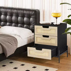 Table de chevet en rotin avec 3 tiroirs, table de chevet compacte, table d'appoint rustique en bois avec rangement, pieds en métal, pour chambre à coucher, salon, montage facile