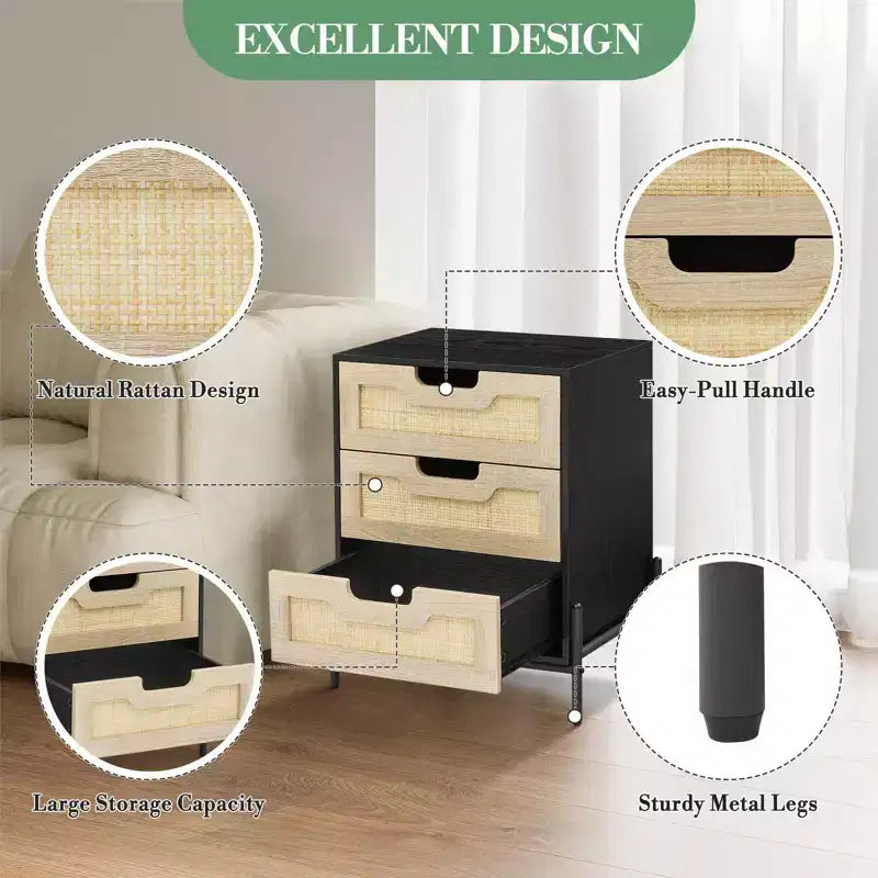 Table de chevet en rotin avec 3 tiroirs, table de chevet compacte, table d'appoint rustique en bois avec rangement, pieds en métal, pour chambre à coucher, salon, montage facile