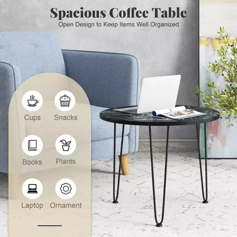 Table basse Costway en faux marbre avec pieds en métal pour salon et bureau Noir