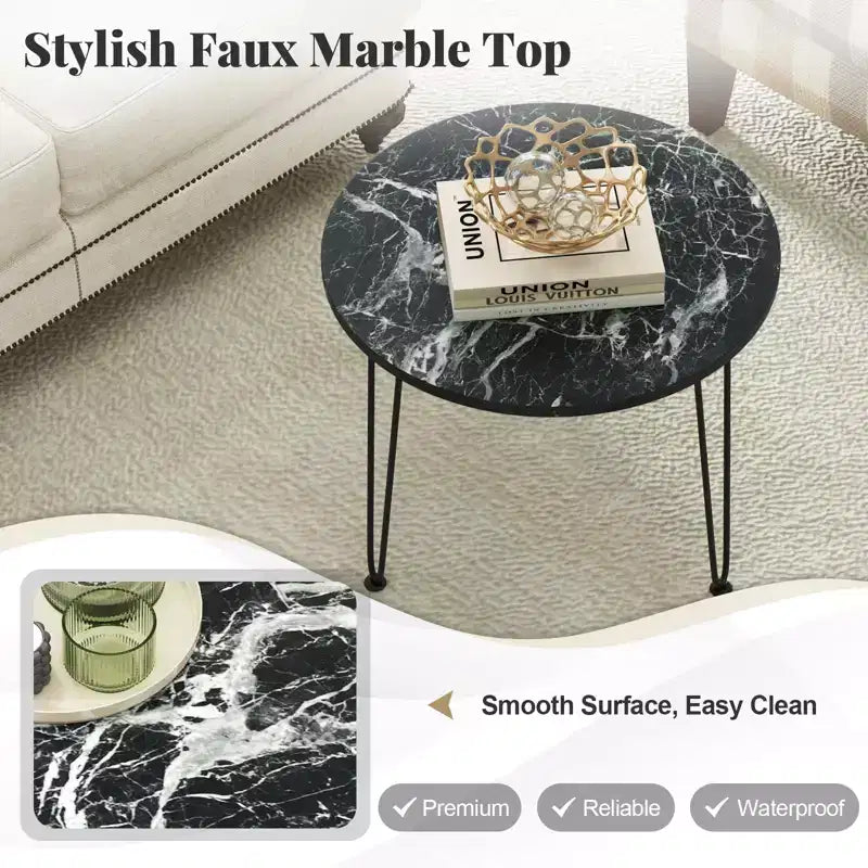 Table basse Costway en faux marbre avec pieds en métal pour salon et bureau Noir