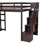 Lit mezzanine double en bois Whisen avec tiroirs de rangement, escalier et étagères