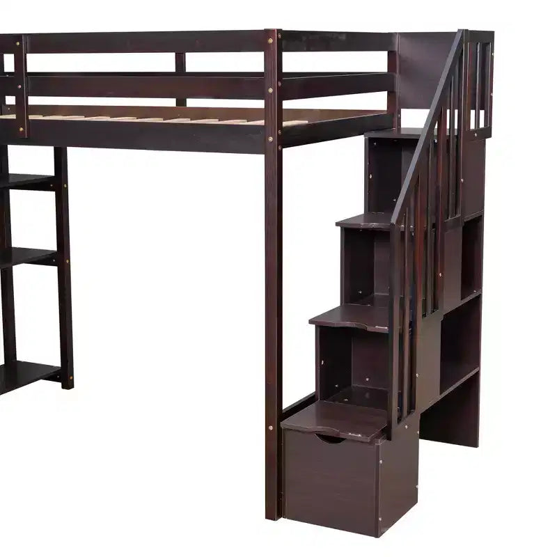 Lit mezzanine double en bois Whisen avec tiroirs de rangement, escalier et étagères