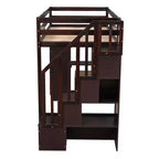 Lit mezzanine double en bois Whisen avec tiroirs de rangement, escalier et étagères