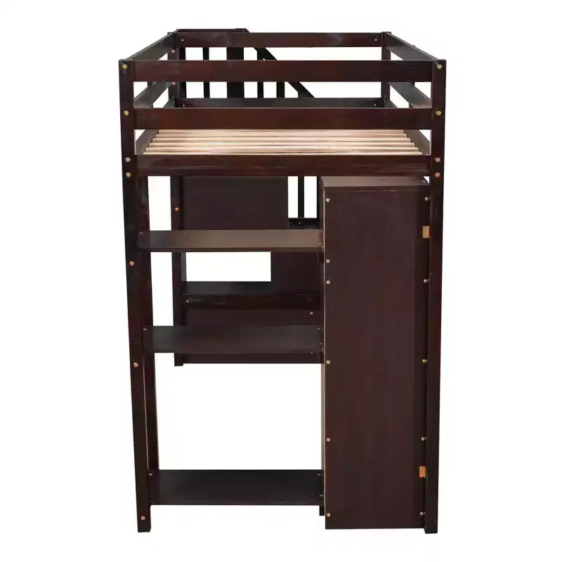 Lit mezzanine double en bois Whisen avec tiroirs de rangement, escalier et étagères