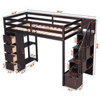 Lit mezzanine double en bois Whisen avec tiroirs de rangement, escalier et étagères