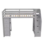 Lit mezzanine double en bois Whisen avec tiroirs de rangement, escalier et étagères