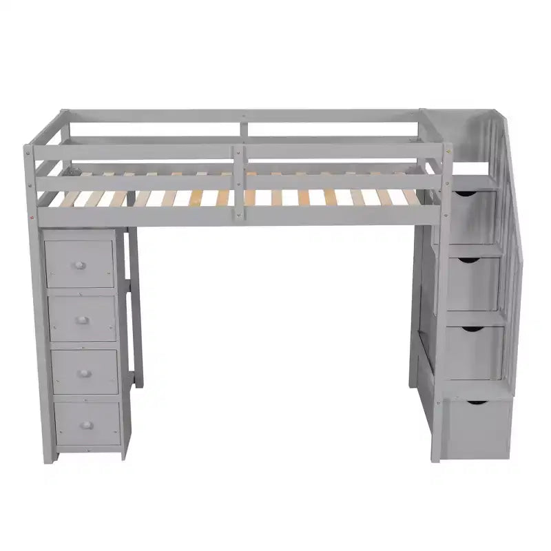 Lit mezzanine double en bois Whisen avec tiroirs de rangement, escalier et étagères