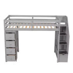 Lit mezzanine double en bois Whisen avec tiroirs de rangement, escalier et étagères