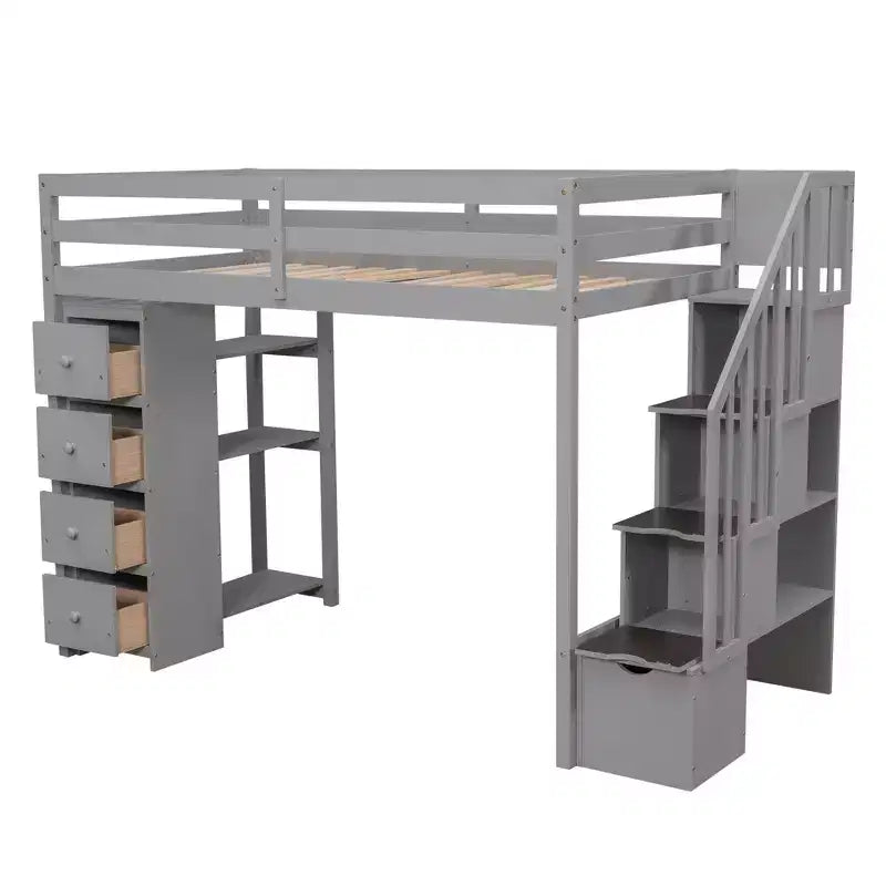 Lit mezzanine double en bois Whisen avec tiroirs de rangement, escalier et étagères