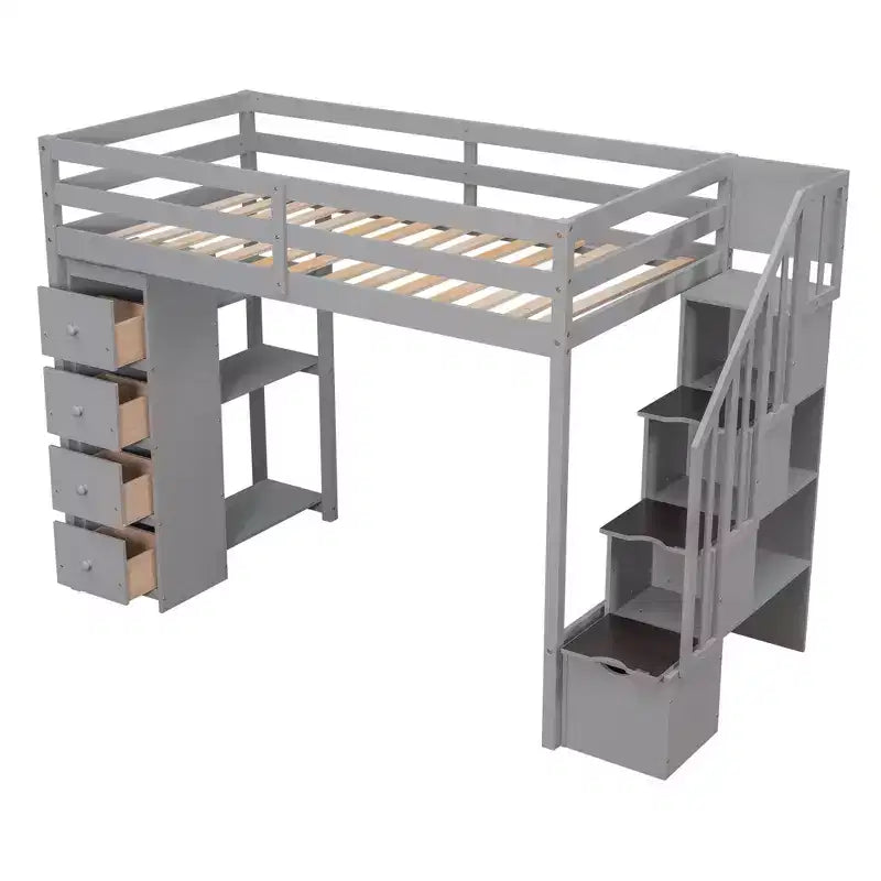 Lit mezzanine double en bois Whisen avec tiroirs de rangement, escalier et étagères