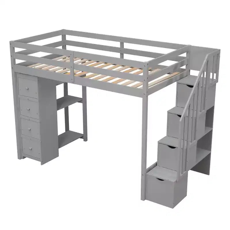 Lit mezzanine double en bois Whisen avec tiroirs de rangement, escalier et étagères