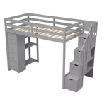 Lit mezzanine double en bois Whisen avec tiroirs de rangement, escalier et étagères